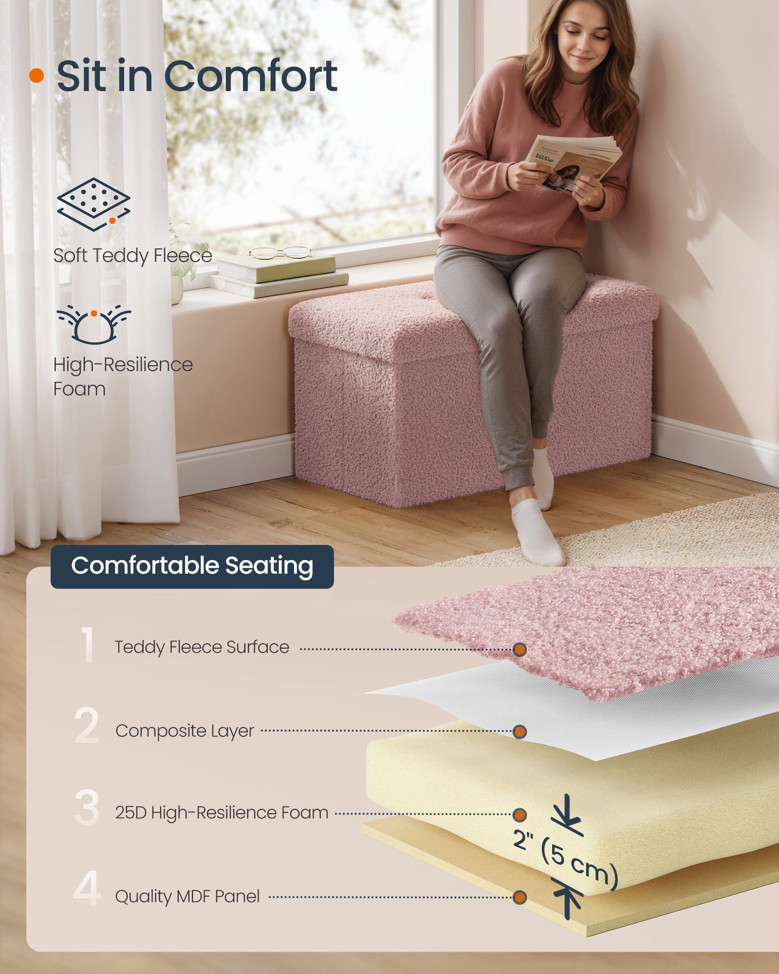 SONGMICS HOME 30" Storage Ottoman Bench Ottoman with Storage Load up to 660 lb for Living Room Bedroom Jelly Pink
