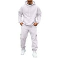 thumbnail image 2 of Dwelliawo Sweatsuits for Men 2 Piece Solid Color Casual Hoodie Cargo Pants Athletic Pants Set Relaxed Fit Fall Winter Suits with Pockets White XL, 2 of 8