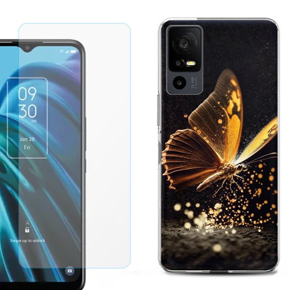 OneToughShield ® for TCL 40 XE 5G Shockproof Fashion Phone Case, with Tempered Glass Screen Protector - Golden Butterfly