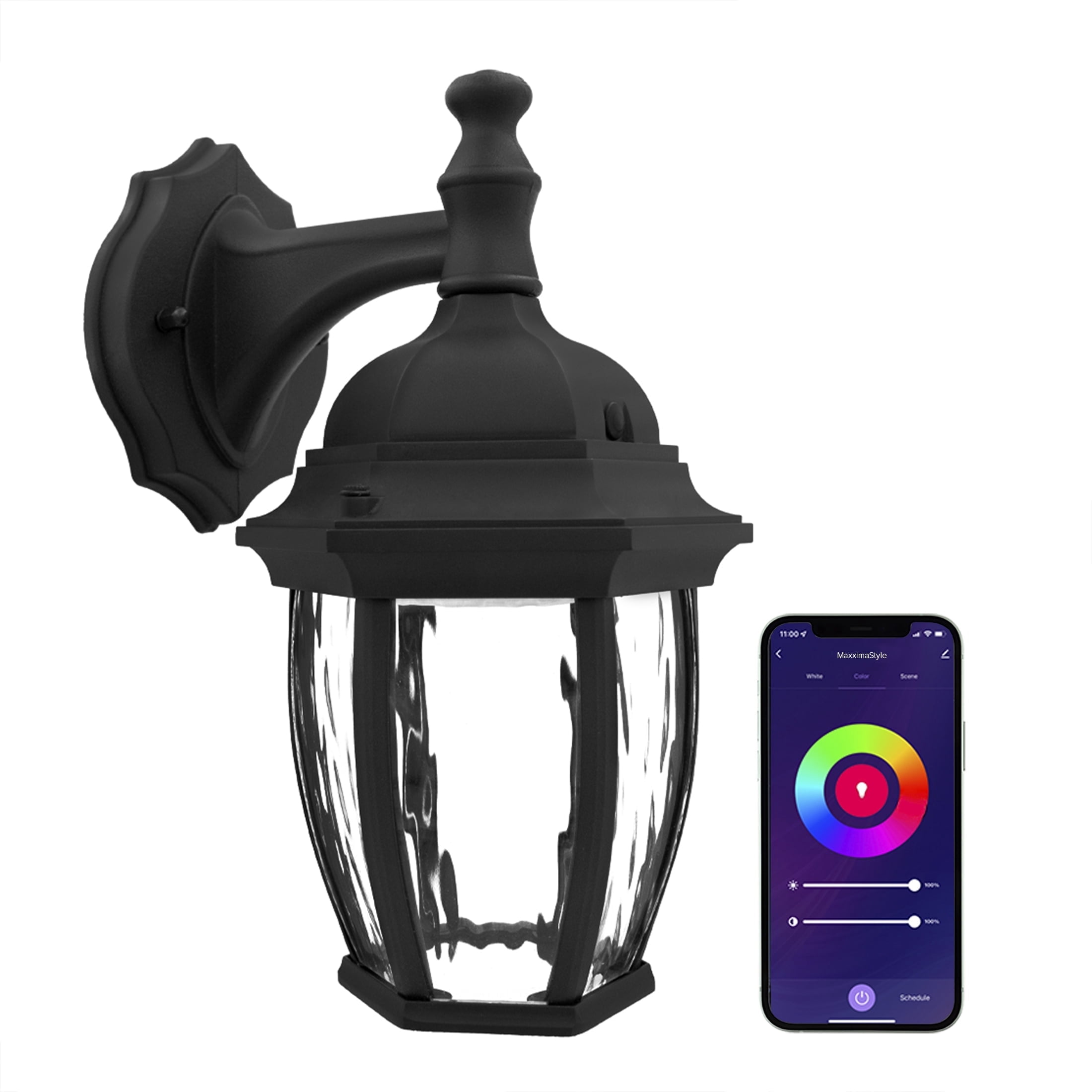 Luvoni LED Smart WiFi Outdoor Wall Light, Black w/ Clear Water Glass, App Controlled Porch Lantern, 850 Lumens, CCT 2700K - 6500K, Dimmable, Works with Google Home/Alexa, by Maxxima