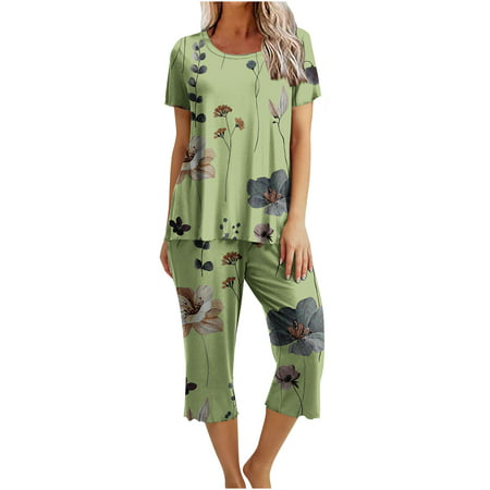 

RQYYD Women s Sleepwear Tops with Capri Pants Pajama Sets Short Sleeve Shirts Comfy Soft Lounge Wear Sets Two Piece Pajamas for Womens Cozy PJS Sets