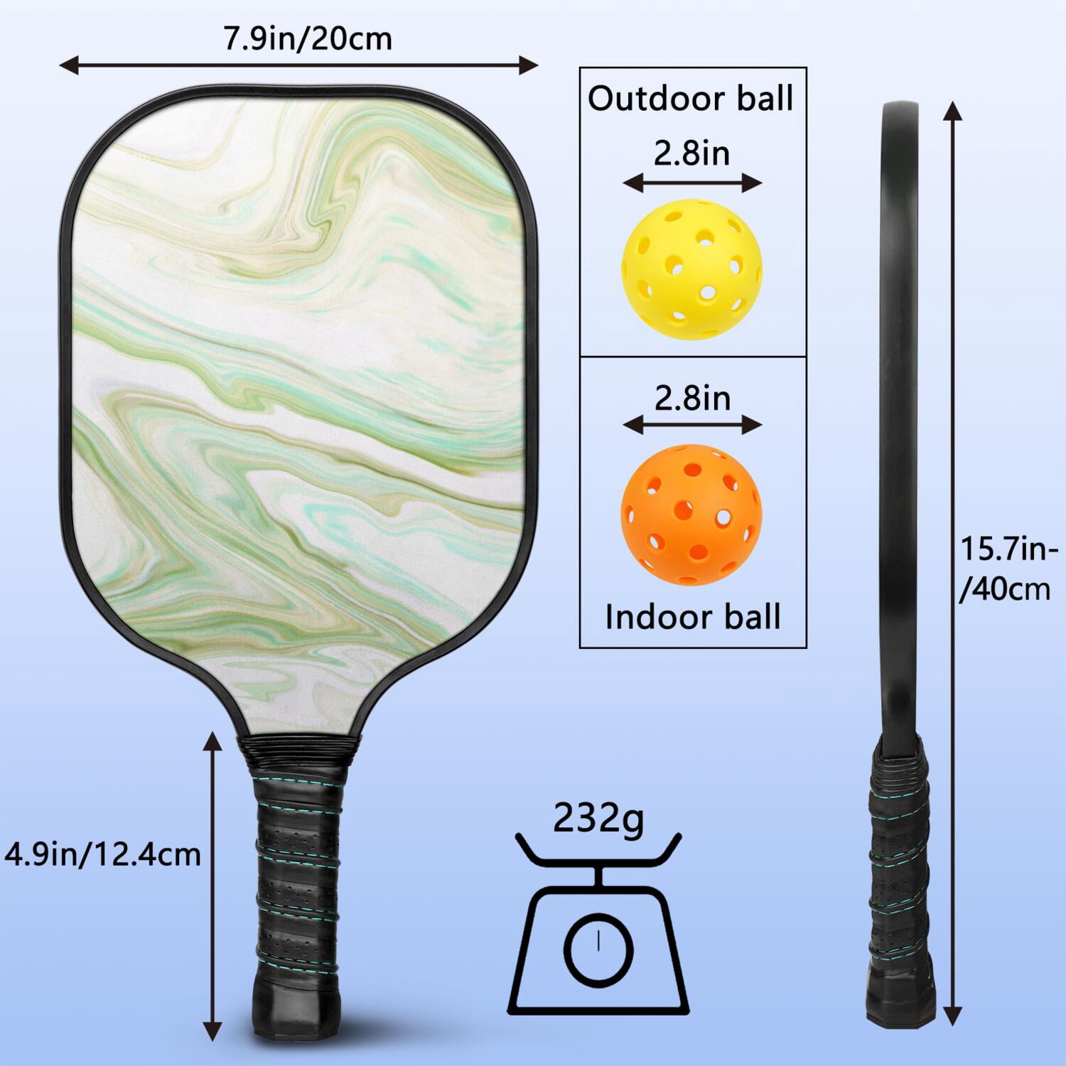 Pickleball Paddles Set Of 2, Fiberglass Surface, Turquoise Marble Pattern, 4 Balls & Bag