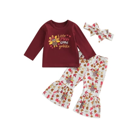 

Meihuida Infant Girls Thanksgiving Day Layette Turkey and Letters Printing Pullover Bell Bottom Trousers and Headdress