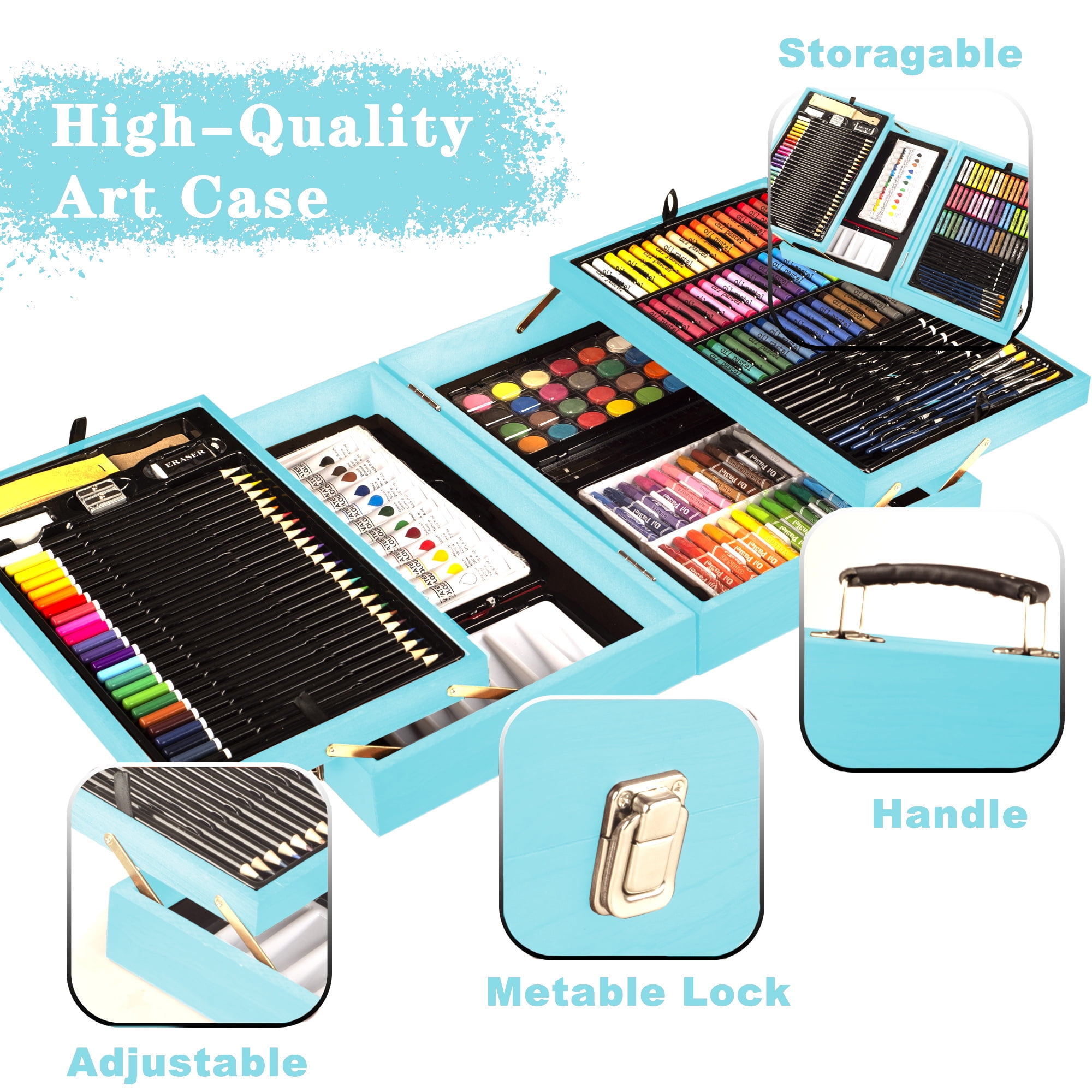 KINSPORY 168Pcs Drawing Painting Set, Deluxe Wooden Art Set Crafts Coloring Book, Sketch Pad, Gift for Artist Beginners Kids Girls Boys (Blue)