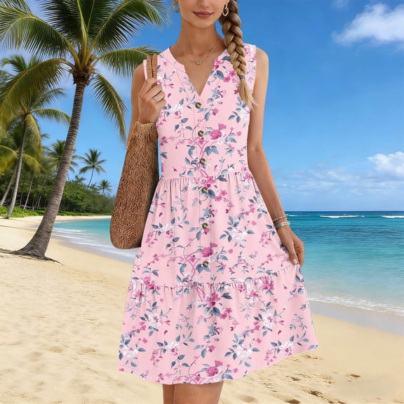 YueHuiYing Women's Casual Sundress with Pockets Summer Beach Dress Floral T-Shirts Dress V Neck Loose Tank Dresses