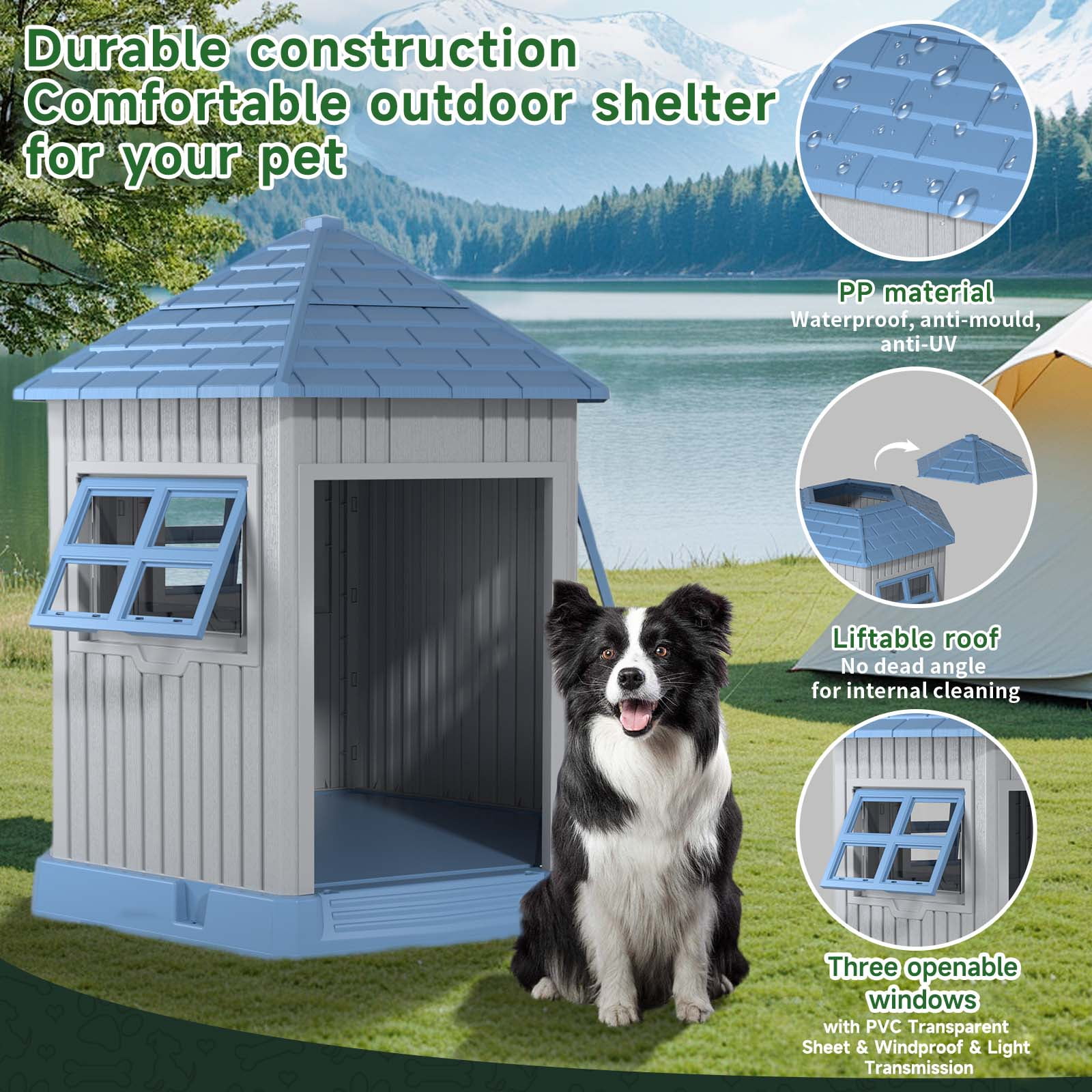 EasyUp Dog House Indoor Outdoor Durable Large Dog Shelter with Outside Dog Kennel with Window and Elevated Floor for Small Medium Dogs (Blue&Grey, 34.8 * 30.51 * 36.89)