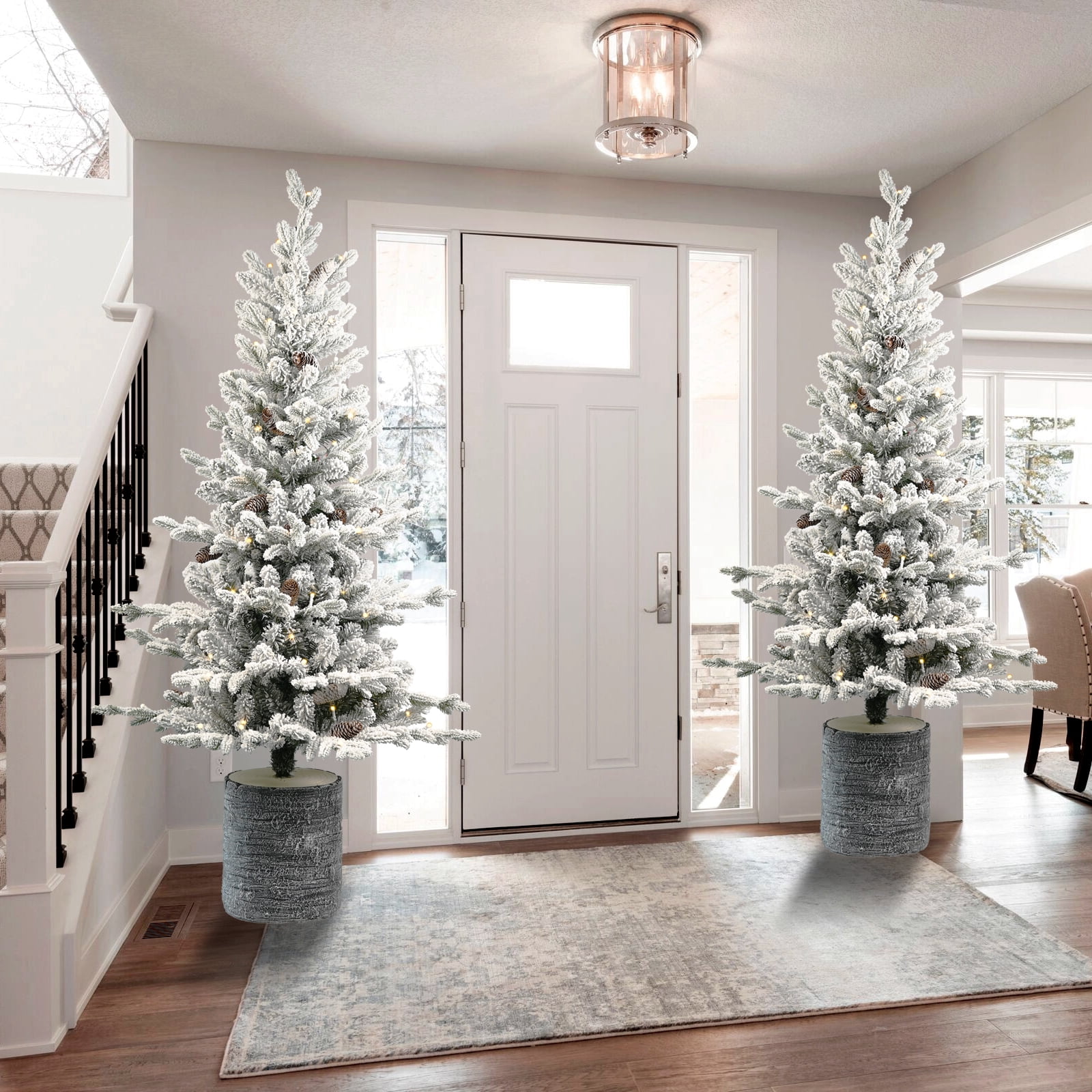 Flocked Prelit Tabletop Christmas Tree 4ft 1386 Tips 350 LED Lights Pine Cones Pot Base
