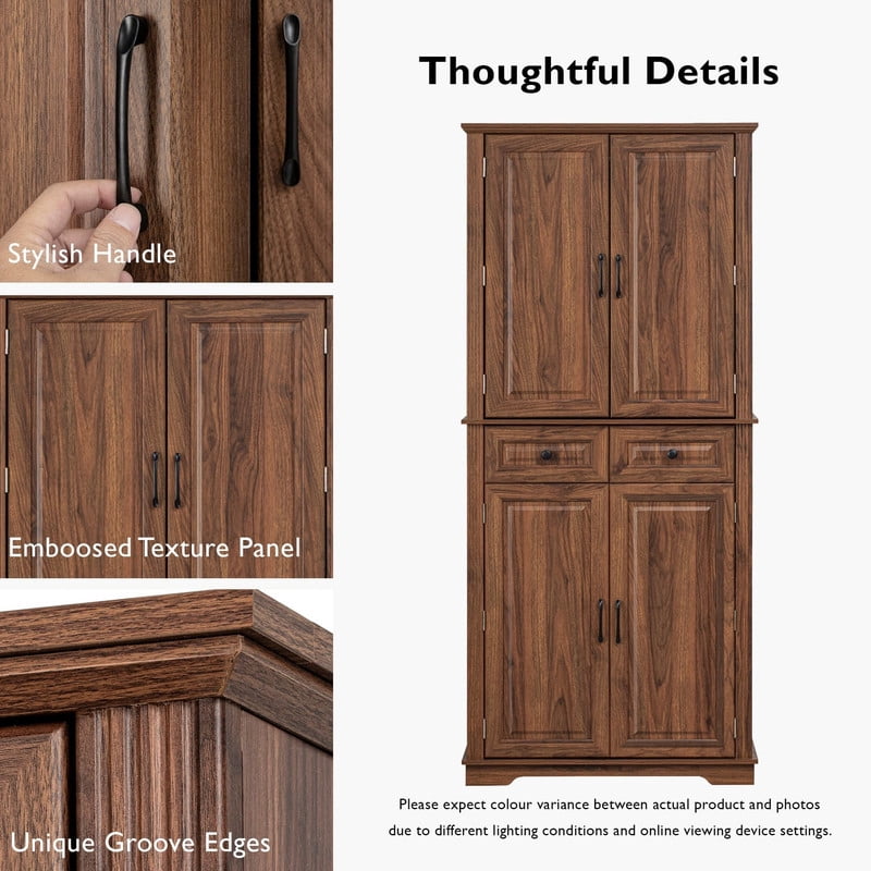 Farmhouse Kitchen Pantry Cabinet with 3 Pull Out Cabinet Organizers, Tall Kitchen Storage Cabinet with 2 Drawers, Freestanding Kitchen Cupboard with 6 Door Shelves