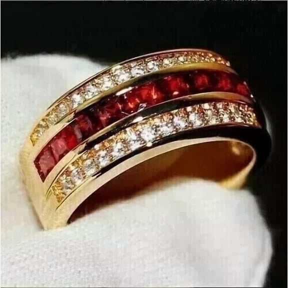 4Ct Round Cut Lab-Created Ruby Diamond Band Wedding Ring 14k Yellow Gold Plated