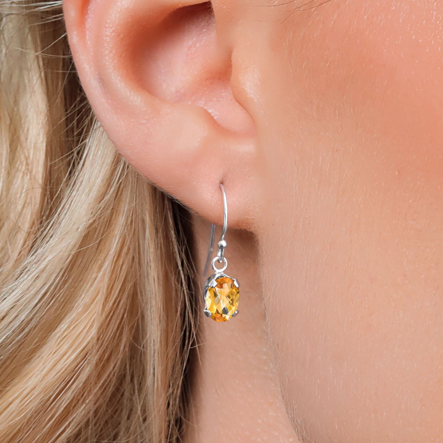Gem Stone King 925 Sterling Silver Yellow Citrine French Wire Dangle Hook Earrings for Women (1.40 Cttw, Gemstone November Birthstone, Oval Checkerboard 7X5MM)