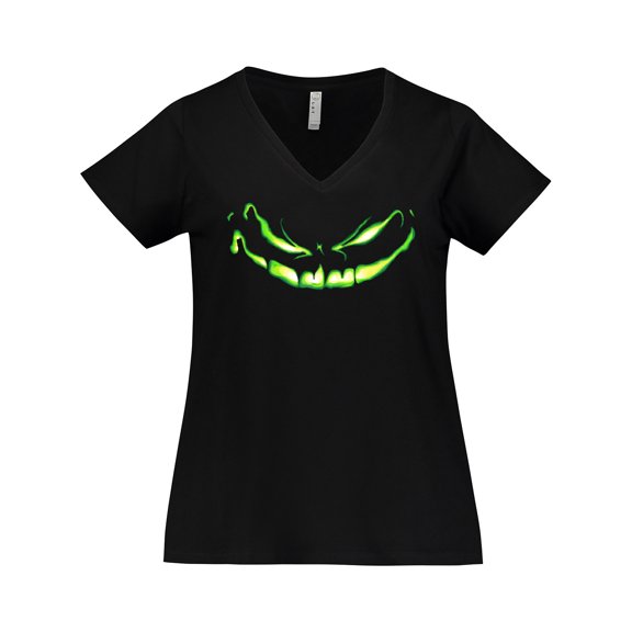 Inktastic Sinister Grinning Pumpkin Face in Lime Green Glow Women's Plus Size V-Neck T-Shirt