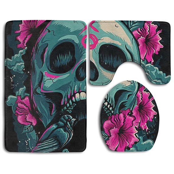 GOHAO Flower Skull Open Mouth 3 Piece Bathroom Rugs Set Bath Rug Contour Mat and Toilet Lid Cover