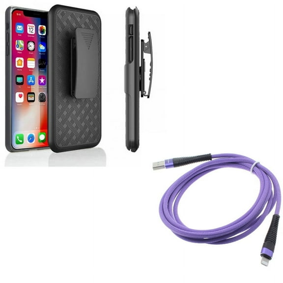 6ft USB Cable w Case Belt Clip for iPhone XR - Purple Charger Cord Power Wire Braided, Holster Swivel Cover Kickstand Armor Compatible With iPhone XR