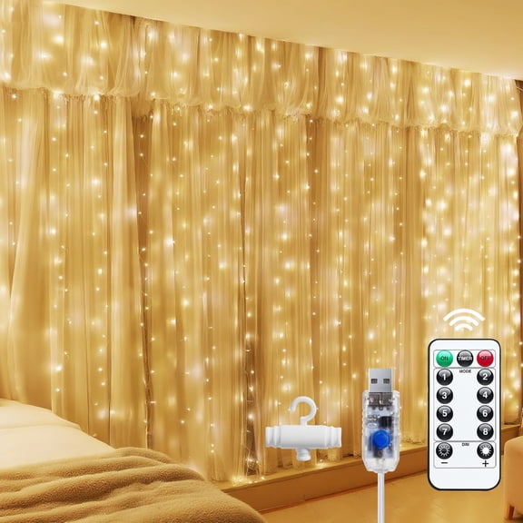 Dserhfy 300 LED Fairy Curtain Lights 9.8ft x 9.8ft Window Wall Hanging String Light USB Powered Curtain Light for Bedroom Backdrop Wedding Party Indoor Decor