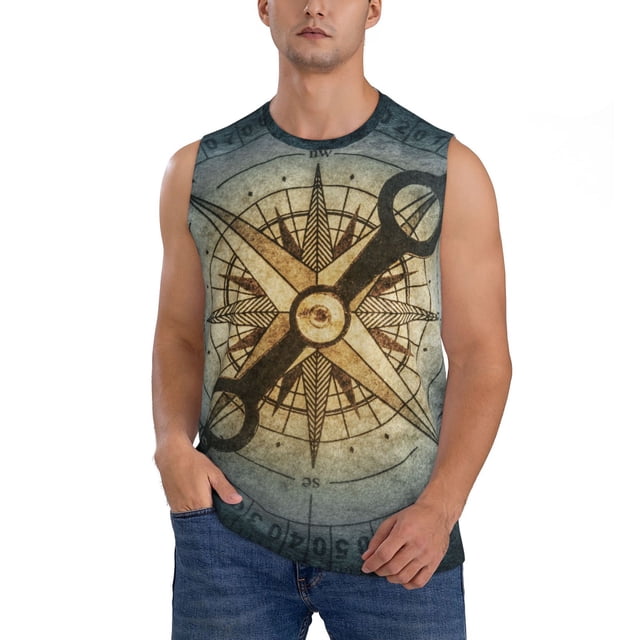 Fotbe Vintage Compass Men's Camiseta sin Mangas Estampada para Hombres, Playera Casual para Gimnasio, Entrenamiento, Playa-Small