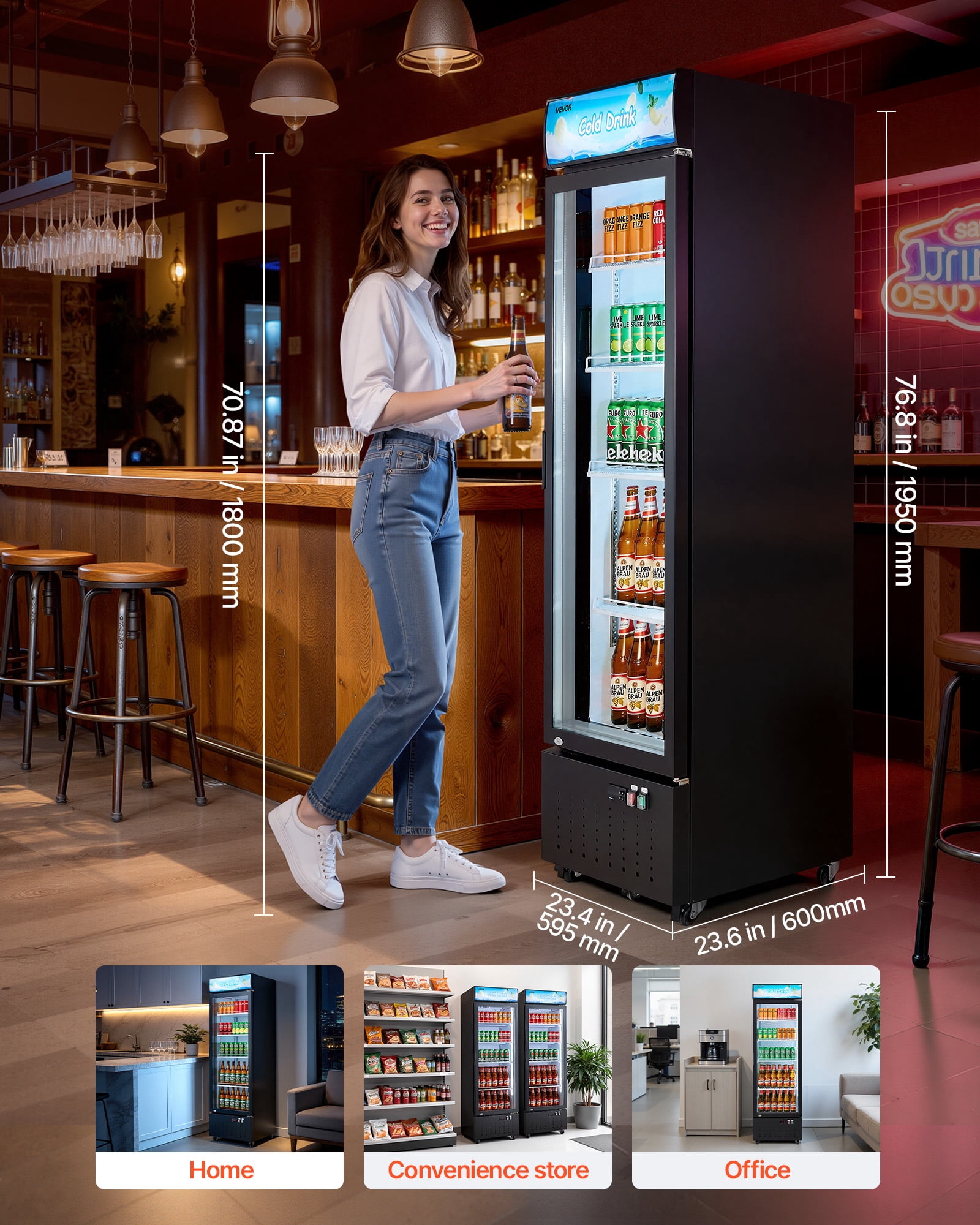 VEVOR Commercial Merchandiser Refrigerator, 12.7 Cu.Ft / 360 L Glass Door Display Refrigerator, Upright Beverage Cooler with Customizable Lightbox,4 Adjustable Shelves & Soft LED Light for Home Shops