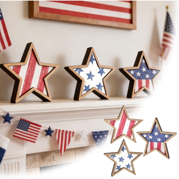 4th of July Decorations Wooden Stars, Patriotic Memorial Day Star Decor,, Independence Day Red White Blue Decoration for Home Office Table Shelf, 3 A Pcs
