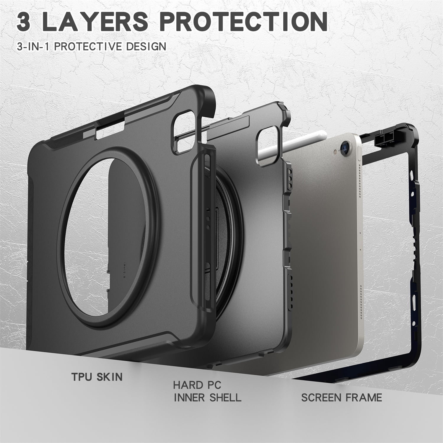 SaniMore for Apple iPad Air 11 2024 Case, 3 Layers Multi-Functional Case with Pencil Holder & Hand Strap Multi-Angle Kickstand Shockproof Protective Case for Women Men, Black