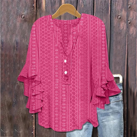 CQONEPT Long Sleeve Ruffle Shirts Henley Button Pullover Tops Tops Trendy Y2K Pullover Casual Blouse Hot Pink 2XL