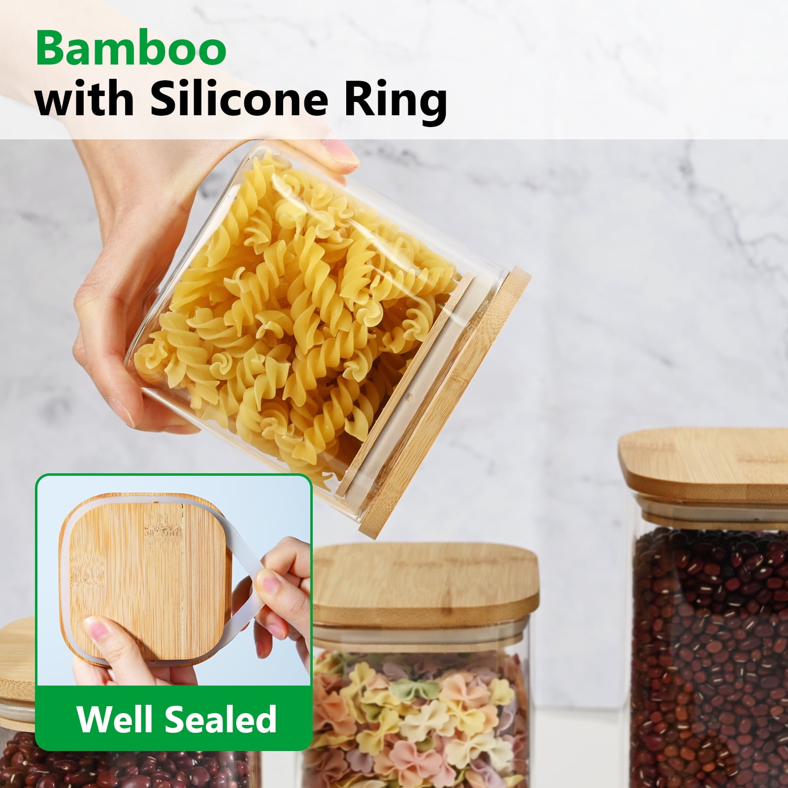 Ollieroo Glass Storage Jar Set Glass and Bamboo 4" × 4" × 4.1" Clear