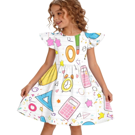 Grblisyd Little Girls Back to School Dress Cute Print Flutter Dresses Cartoon Pencil School Print Dresses First Day Of School Outfits For Girls