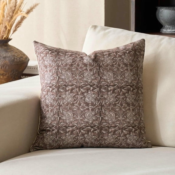 Floral Pillow Covers 20x20 Throw Pillow Covers Block Print Vintage Decorative Neutral Pillow Cover for Couch Bed Living Room Dark Brown 1PC