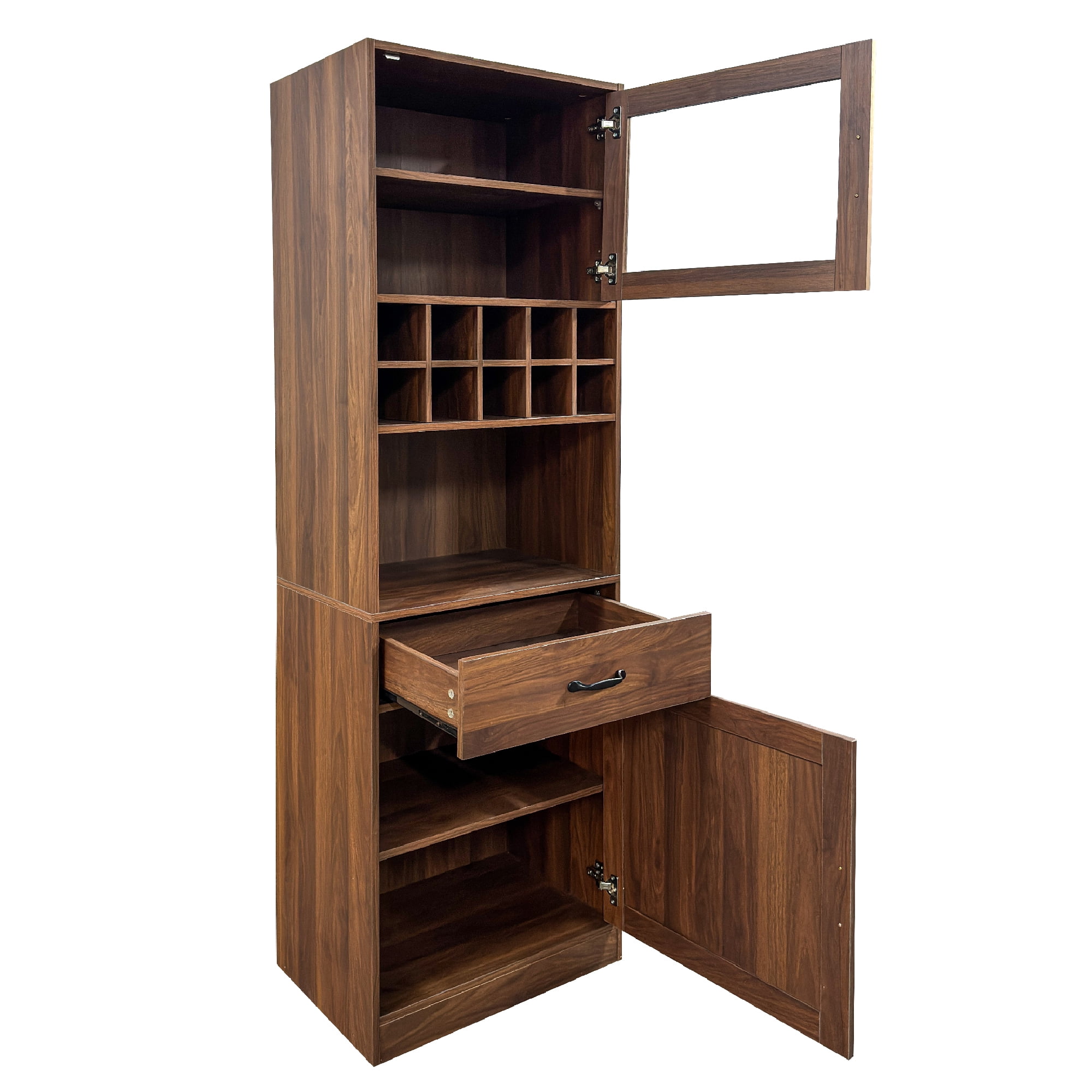Kitchen Pantry Cabinet Farmhouse Storage Cabinet with Glass Door Pull-Out Shelf, Walnut