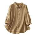 thumbnail image 2 of HOMBOM Collared Women Blouses 3/4 Sleeve Fall Coffee Loose Button Solid Color Cotton Linen Blouse, 2 of 7