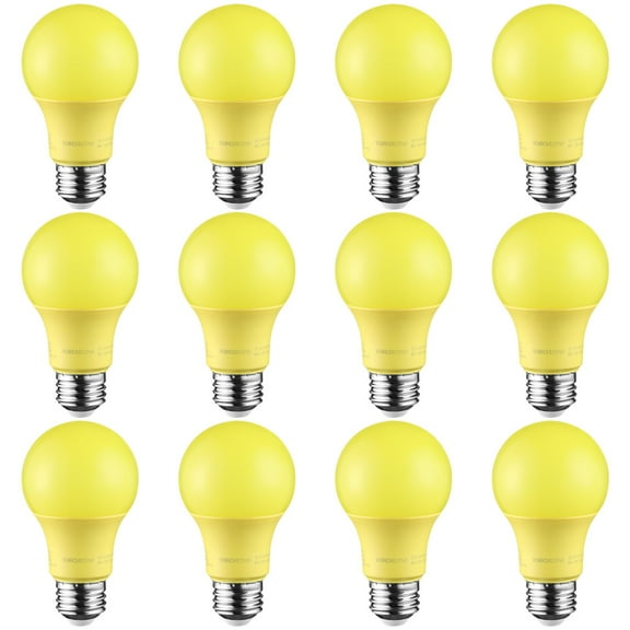 LED A19 Yellow Bulbs, 8W (40W Equivalent) Light Bulb, E26/E27 Base, Outdoor Bug Free Lights for Porch, Patio, Backyard, Entry Way, Pack of 12