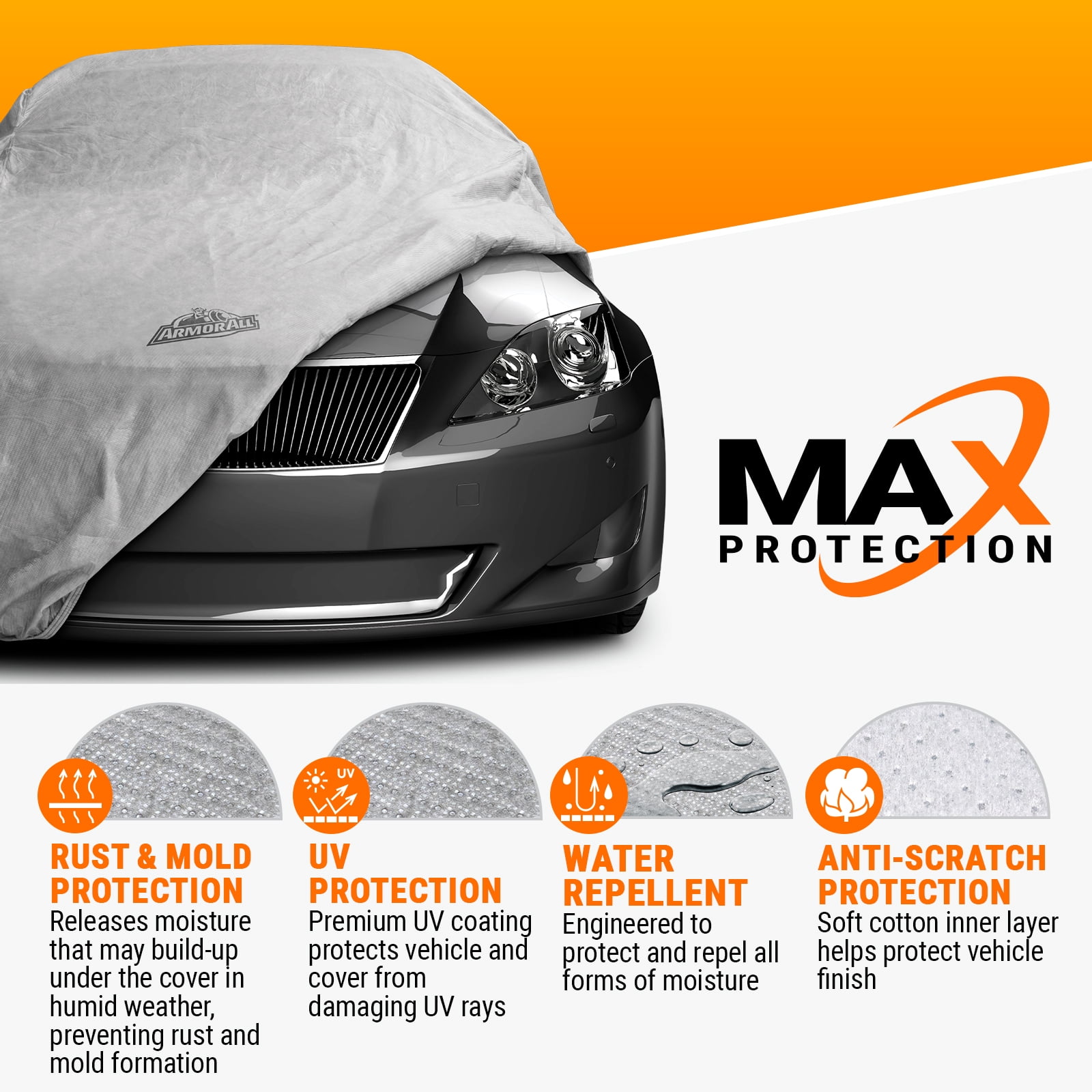 Armor All Car Cover, Heavy Duty All Weather Protection, Fits Sedan Length up to 203", Grey