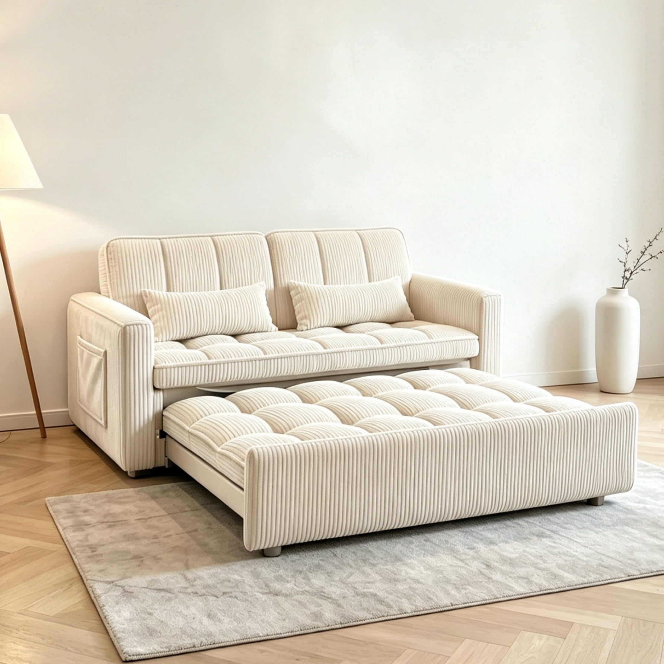 Anpport 55" Striped Corduroy Loveseat, Convertible Sleeper Sofa Bed for Small Spaces, Beige