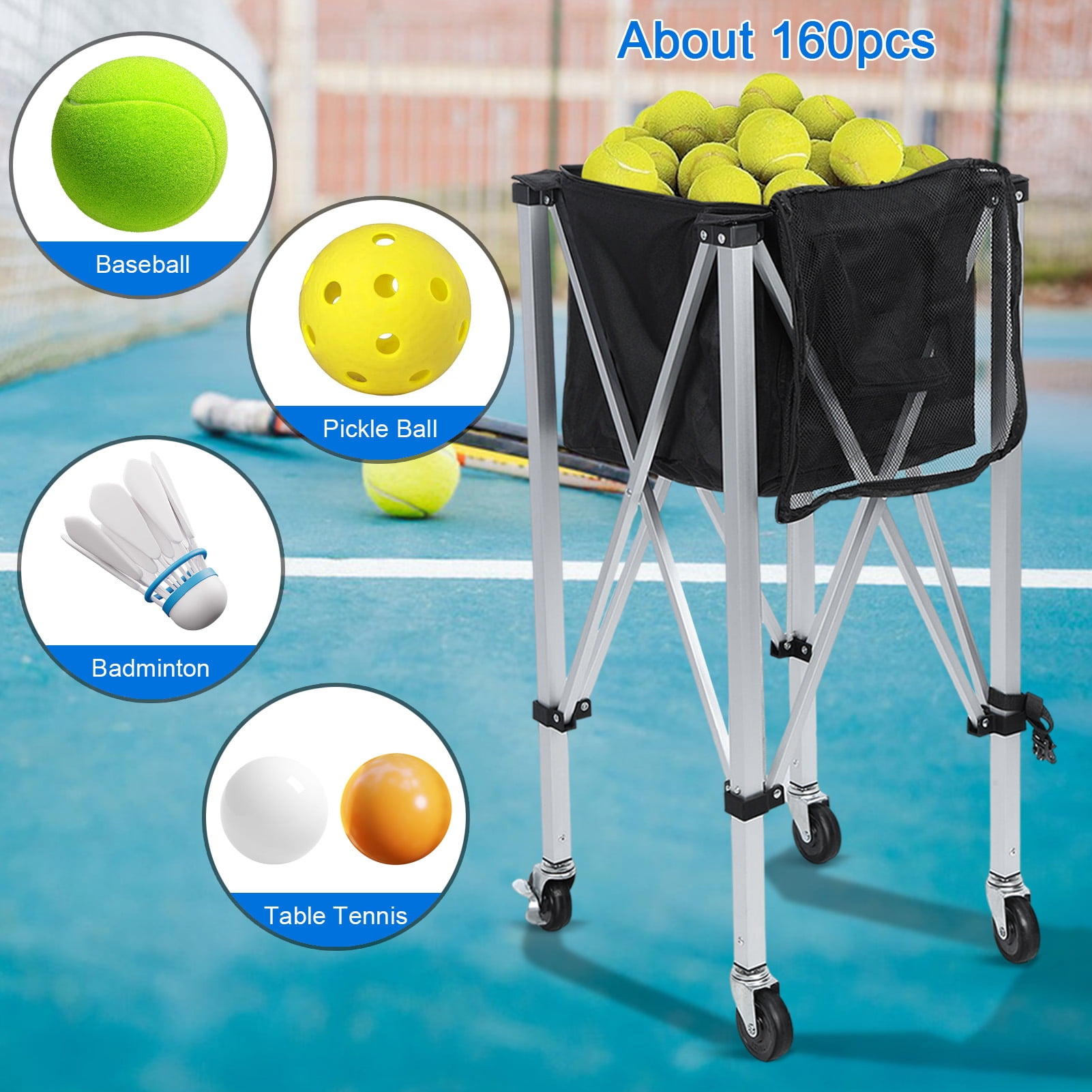 solautey Tennis Ball Hopper for 160 Balls, Tennis Ball Basket for Serve Training, Foldable Tennis Ball Cart with Storage Bag, Portable Pickleball Baseball Hopper Basket