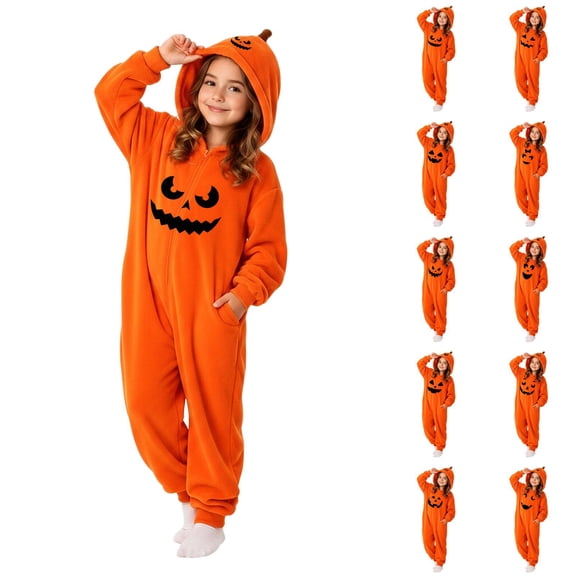 Girls Pumpkin Onesie Flannel Hooded Halloween Costume Kids Jack O Lantern Jumpsuit Soft One Piece Earthy Yellow 120