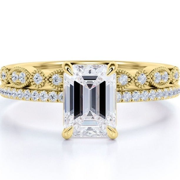 JeenMata Juego de Boda con Filigrana Art Déco Milgrain Corte Esmeralda de 1,5 Quilates, Engaste en Garras, Baño de Oro Amarillo de 18 K sobre Plata