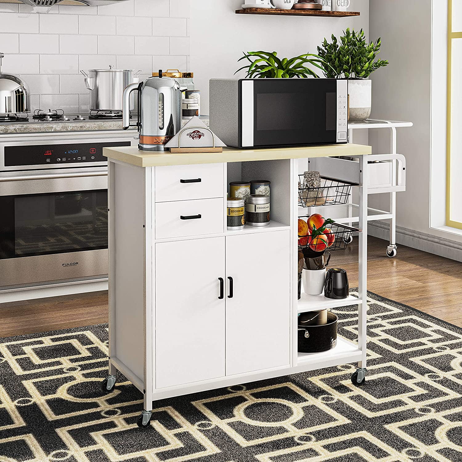 Rolling Kitchen Island Cart on Wheels,Storage Shelves with Cabinet&Drawers&Spice Rack for Dinning Room,Nature