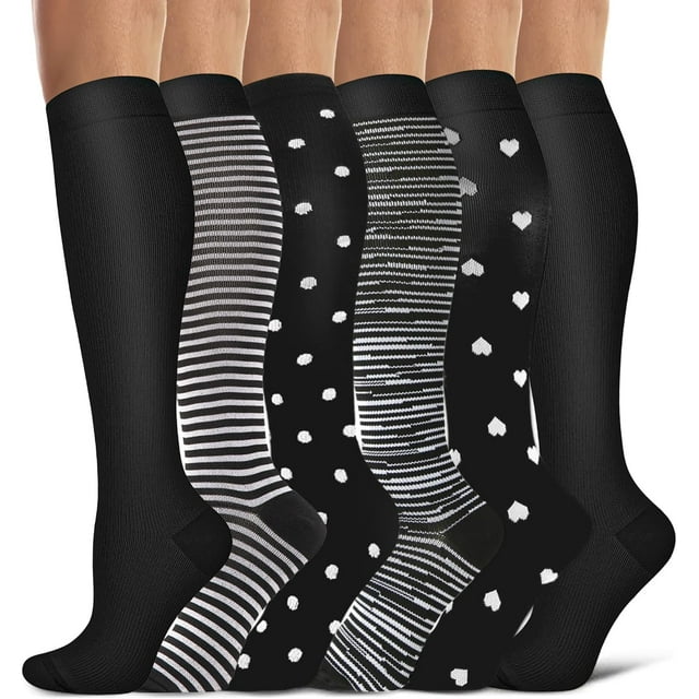 6 Pares Calcetines de Compresión, Medias de Compresion para Mujer y Hombre, Calcetines de Compresión 15-25 mmHg, Calcetas de Compresion para Sprots, Fútbol, Embarazo, Enfermeras, Médicos
