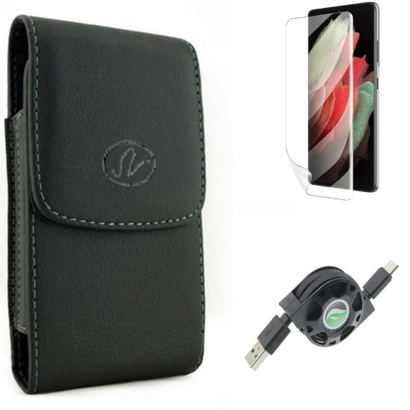 Matte Screen Protector & USB Cable & Case Belt Clip for Samsung Galaxy S22 Plus (S22 ) - Combo TPU Film Anti-Glare & Retractable Type-C Charger & Leather Holster Cover