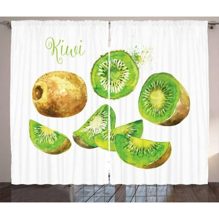 Fruit Curtains 2 Panels Set Whole And Sliced Kiwis Watercolor