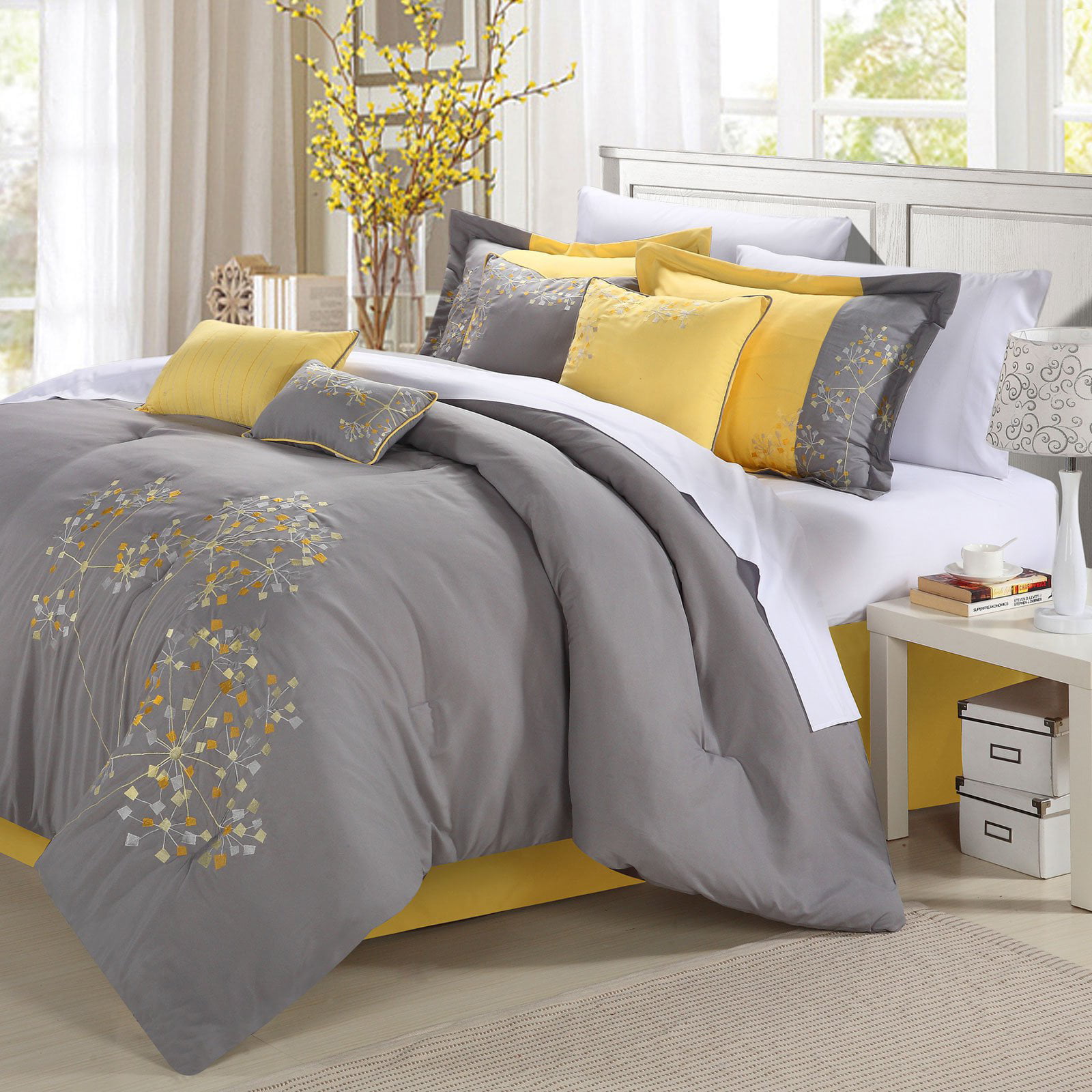 Livingston Yellow King Chic Home 8-Piece Embroidery Comforter Set