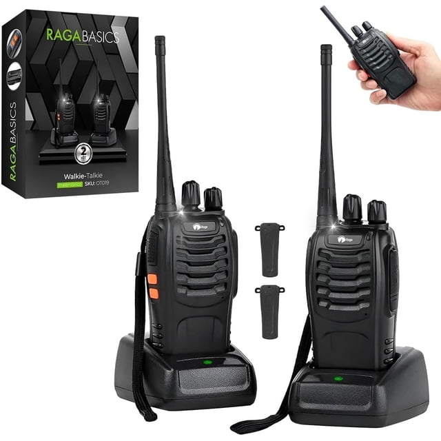 Raganet, 2 Radios de Comunicación Inalámbrica de Largo Alcance, Walkie Talkies con Baterias Recargables, Bases de Carga y Manos Libres, Rango de frecuencia: 400-470 MHz; 16 Canales
