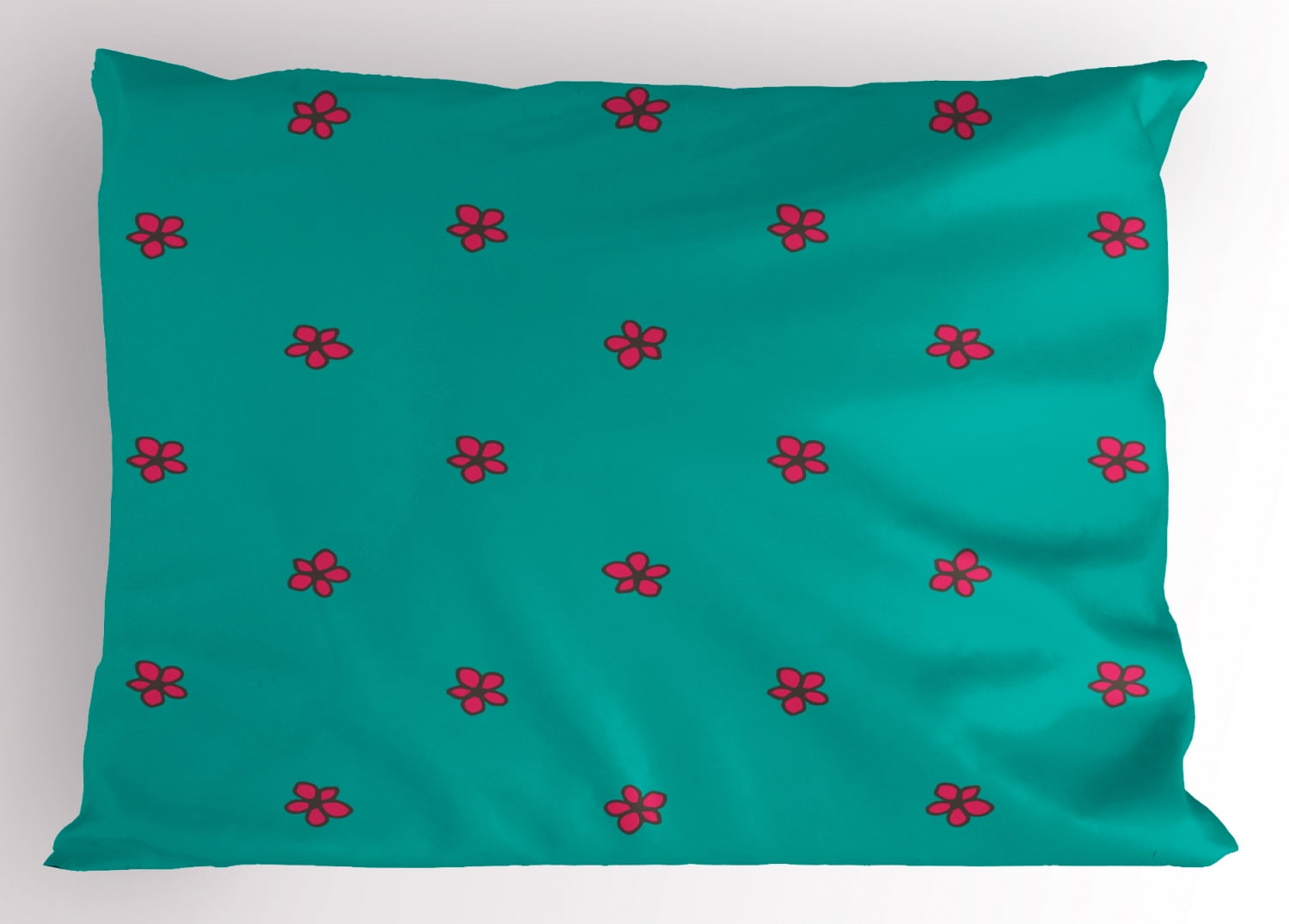 Teal Pillow Sham Hand Drawn Pink Wild Flowers Pattern on Teal