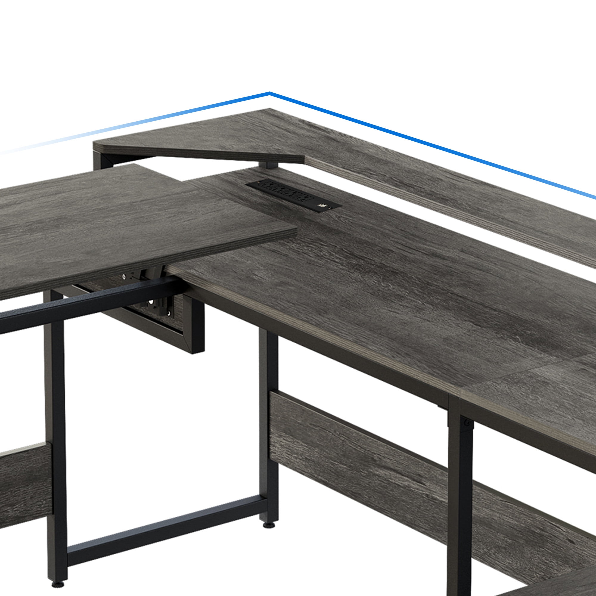 Dextrus L Shaped Desk with File Drawer Lift Top, Computer Desk with Power Outlets LED Lights, Height Adjustable Corner Desk Game Desk, Gray