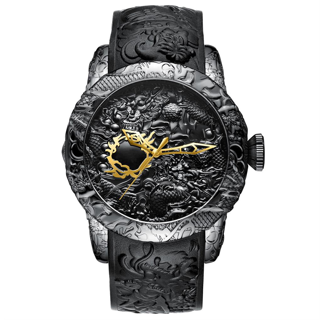 Braveheart Mens Quartz Watches 3d Luxury Skeleton Steampunk Wrist Watch Men Silicone Strap Watch Black Black