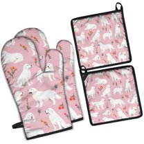 White Dogs and Flowers Kitchen Oven Mitt and Pot Holder Sets 4 Pcs for Baking, Cooking and Grilling, Heat Resistant Up To 392 °F
