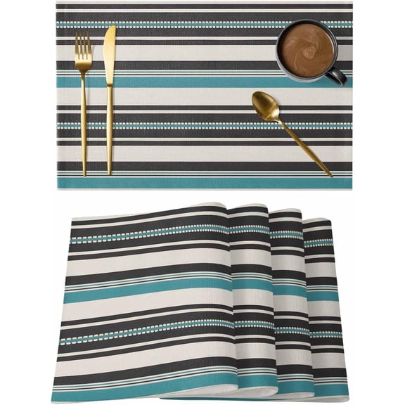 Placemats Set of 6, Green Black Striped Washable Wipeable Table Mats for Dining Tables, Farmhouse Vintage Stripe Indoor Outdoor Waterproof Kitchen Place Mats for Holiday Table Decor