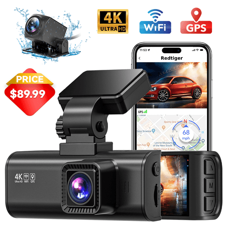 REDTIGER Dash Cam Front and Rear Dash Cam 4K with WiFi & GPS 4K/2.5K Front+1080P Rear Dashcam Dash Camera with Night Vision 3.18 LCD Screen Loop Recording Black