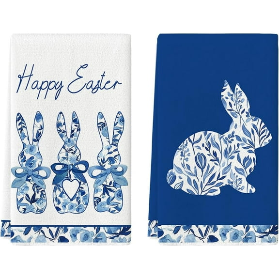 Blue Rabbits Bunny Bow Easter Kitchen Towels Dish Towels, 18x26 Inch Celadon Spring Farmhouse Holiday Decoration Hand Towels Set of 2