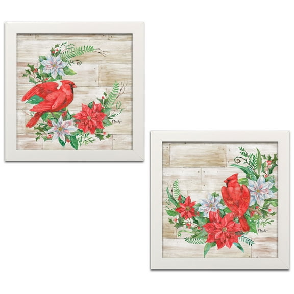 Gango Home Decor Country-Rustic Holiday Decor | Red, Green & Brown Cardinal & Poinsettia Floral by Paul Brent (Ready to Hang); Two 12x12in White Framed Prints