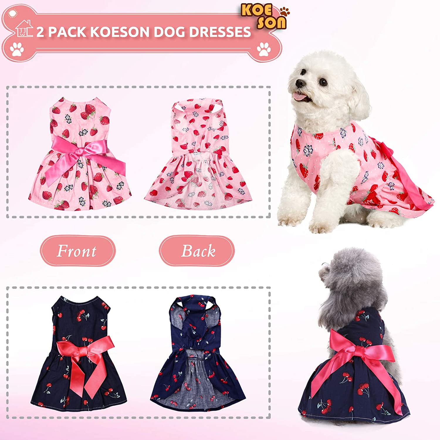 2 Pack Dog Dresses Pet Princess Skirts with Ribbon Bowknot Cute Puppy Sundress Spring Summer Shirts Vest for Small Dogs Cats Size X Small