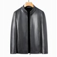 thumbnail image 3 of Chaqueta de cuero genuino para hombre, con cuello alto, de lujo, para otoño e invierno, además de abrigo sencillo y cálido de terciopelo, 3 of 5